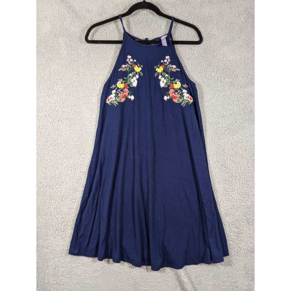 Alya Tank Dress Womens M Blue Floral Embroidered Halter Tie Back Boho Resortwear